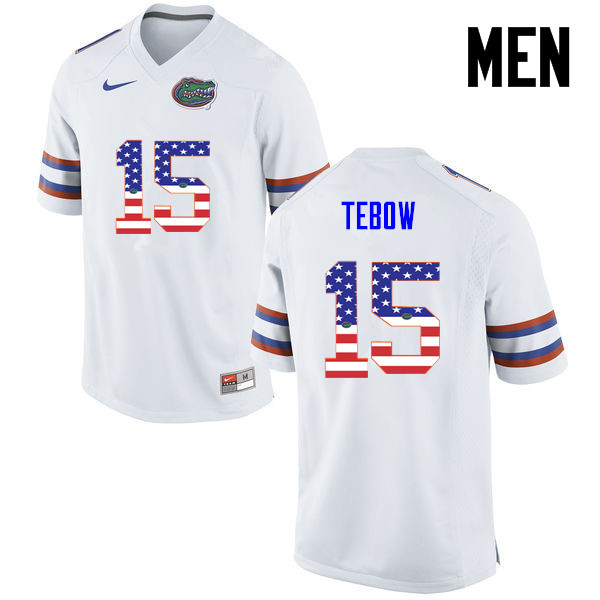 Men Florida Gators #15 Tim Tebow College Football USA Flag Fashion Jerseys-White